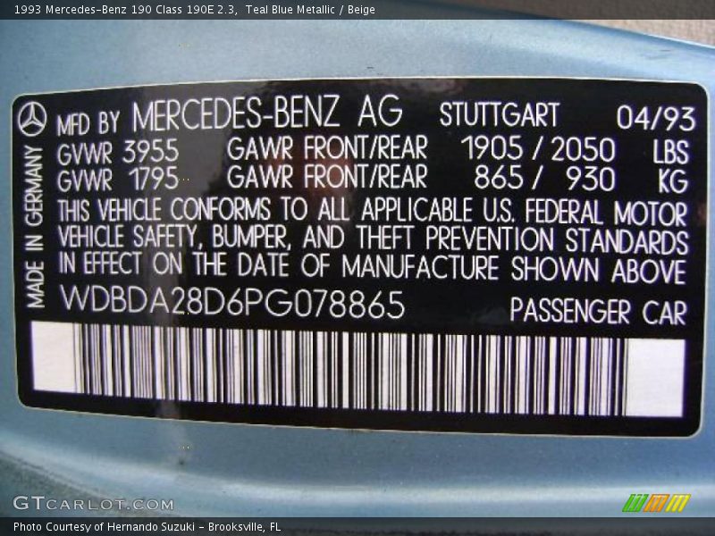 Teal Blue Metallic / Beige 1993 Mercedes-Benz 190 Class 190E 2.3