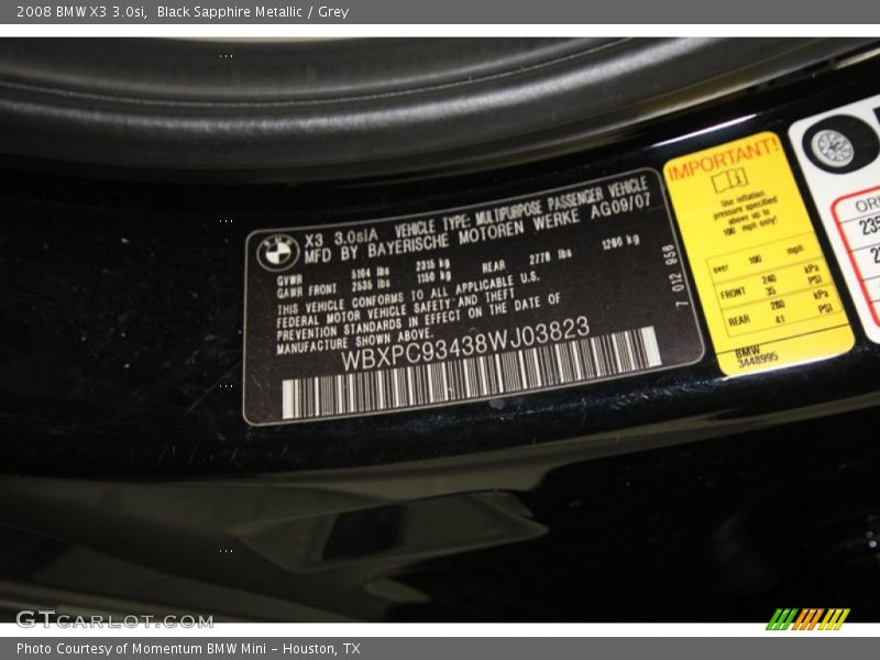 Black Sapphire Metallic / Grey 2008 BMW X3 3.0si