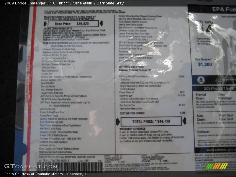  2009 Challenger SRT8 Window Sticker