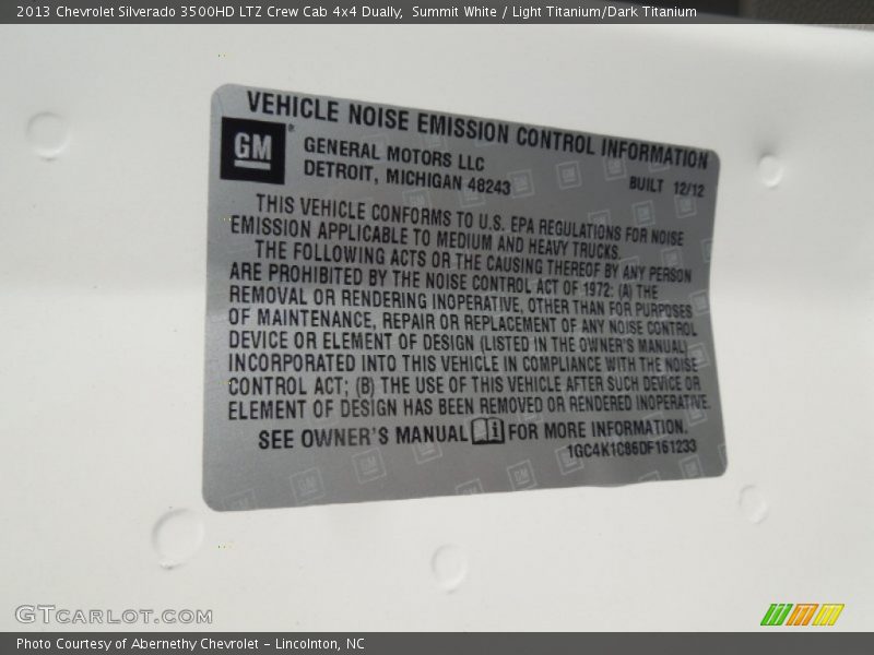 Info Tag of 2013 Silverado 3500HD LTZ Crew Cab 4x4 Dually