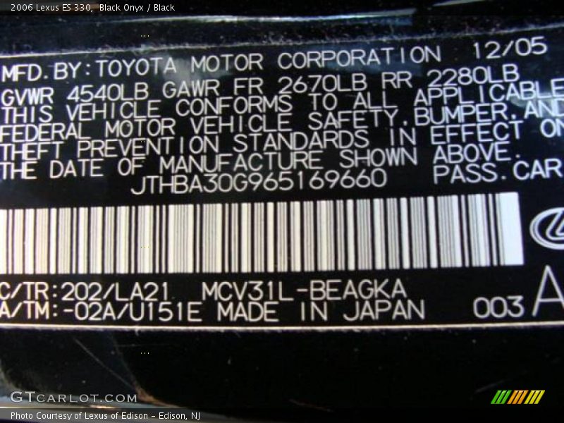 Black Onyx / Black 2006 Lexus ES 330