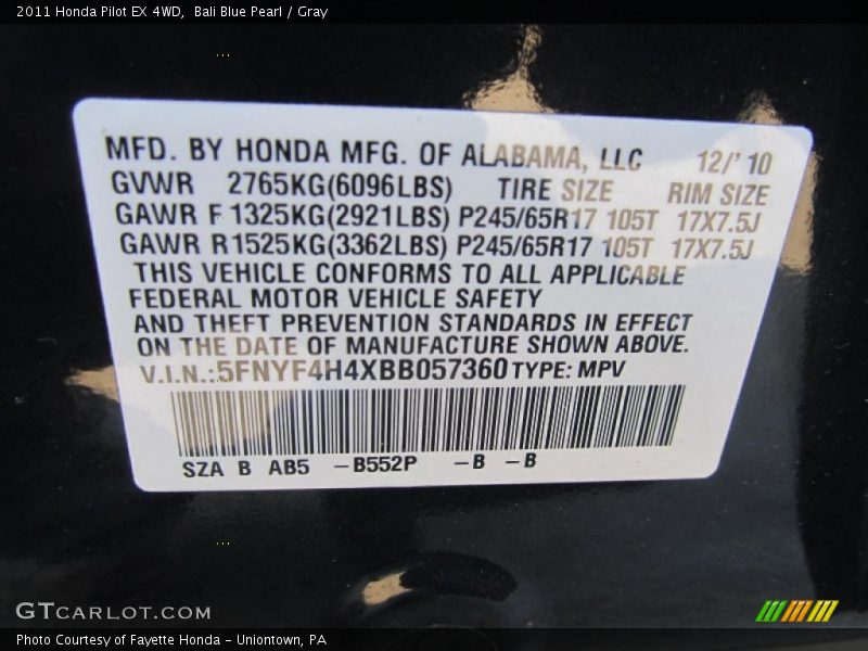 Bali Blue Pearl / Gray 2011 Honda Pilot EX 4WD