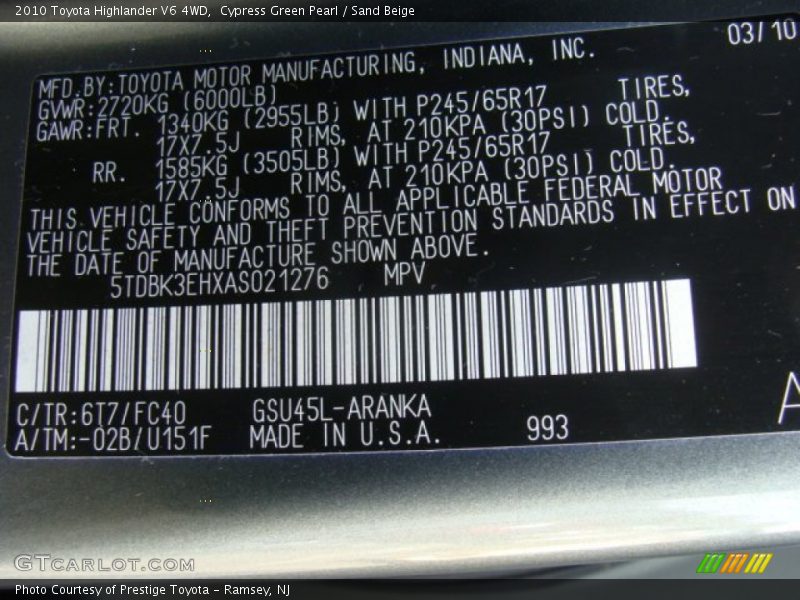Cypress Green Pearl / Sand Beige 2010 Toyota Highlander V6 4WD