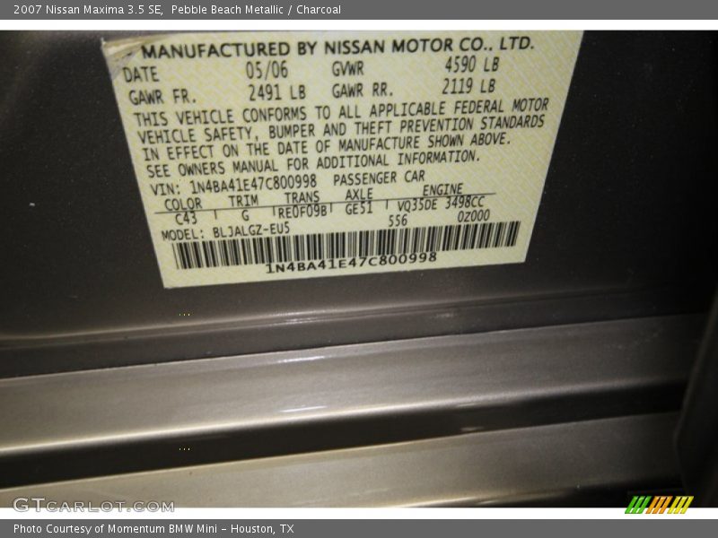 Pebble Beach Metallic / Charcoal 2007 Nissan Maxima 3.5 SE