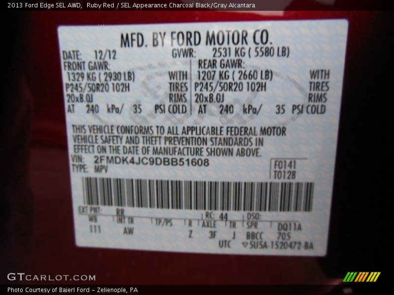 Ruby Red / SEL Appearance Charcoal Black/Gray Alcantara 2013 Ford Edge SEL AWD