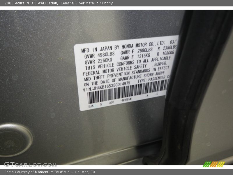 2005 RL 3.5 AWD Sedan Celestial Silver Metallic Color Code NH685M