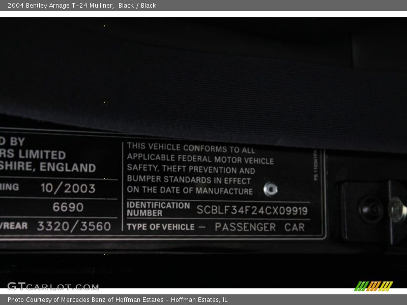Info Tag of 2004 Arnage T-24 Mulliner