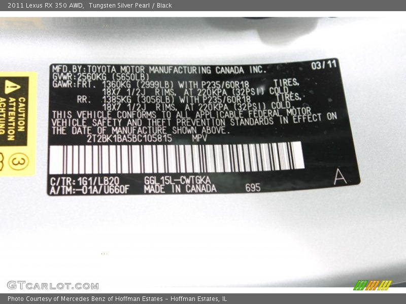 Tungsten Silver Pearl / Black 2011 Lexus RX 350 AWD
