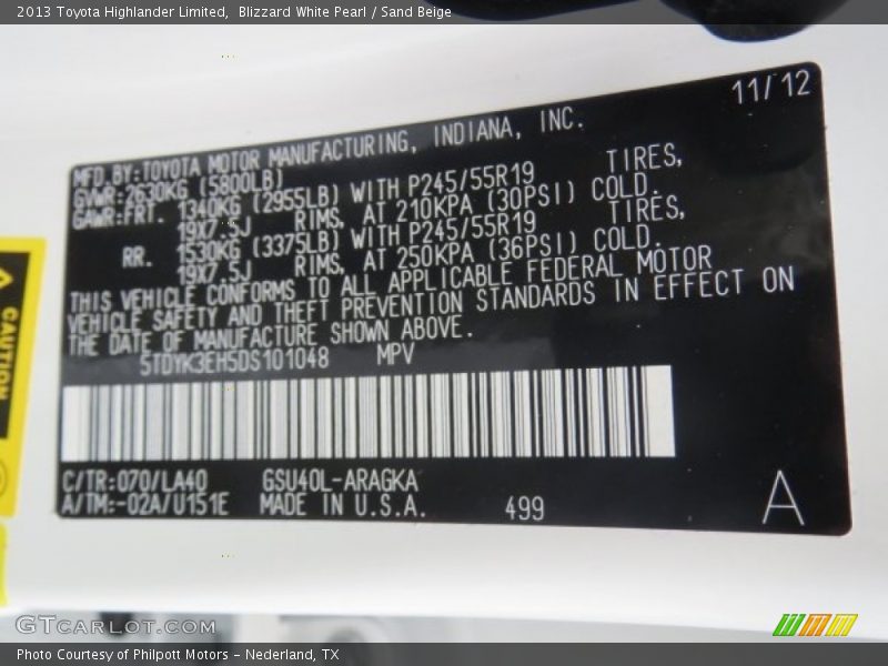 Blizzard White Pearl / Sand Beige 2013 Toyota Highlander Limited