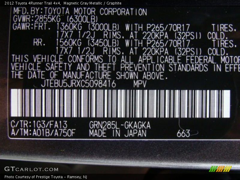 2012 4Runner Trail 4x4 Magnetic Gray Metallic Color Code 1G3