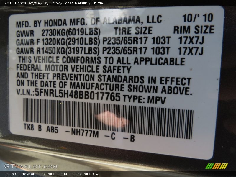 Smoky Topaz Metallic / Truffle 2011 Honda Odyssey EX