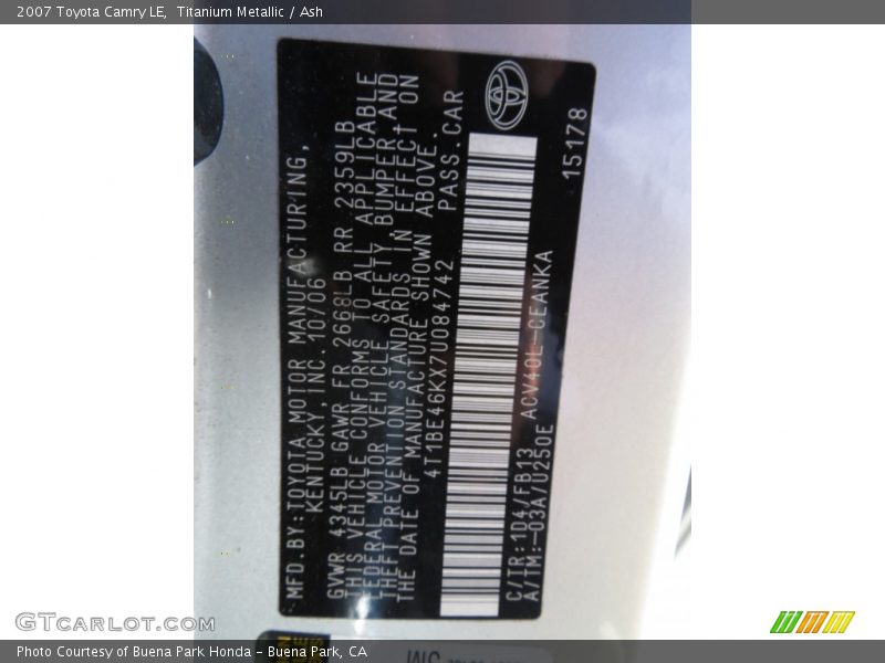 Titanium Metallic / Ash 2007 Toyota Camry LE