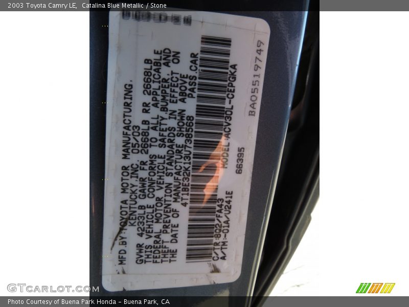 Catalina Blue Metallic / Stone 2003 Toyota Camry LE