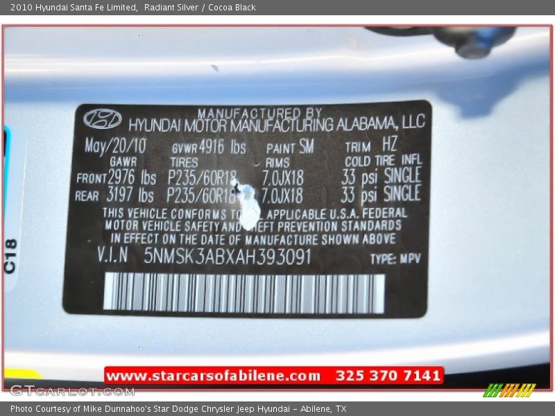 Radiant Silver / Cocoa Black 2010 Hyundai Santa Fe Limited