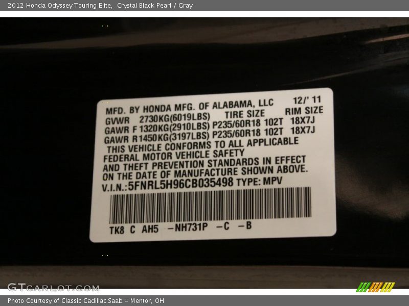 Crystal Black Pearl / Gray 2012 Honda Odyssey Touring Elite