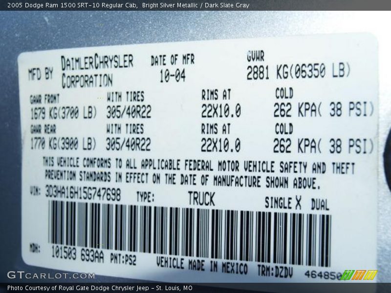 2005 Ram 1500 SRT-10 Regular Cab Bright Silver Metallic Color Code PS2