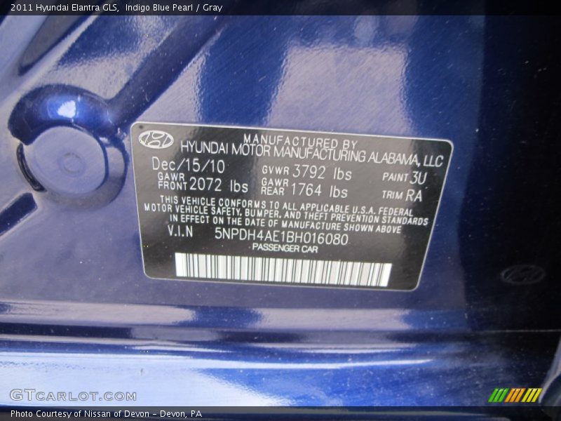 Indigo Blue Pearl / Gray 2011 Hyundai Elantra GLS