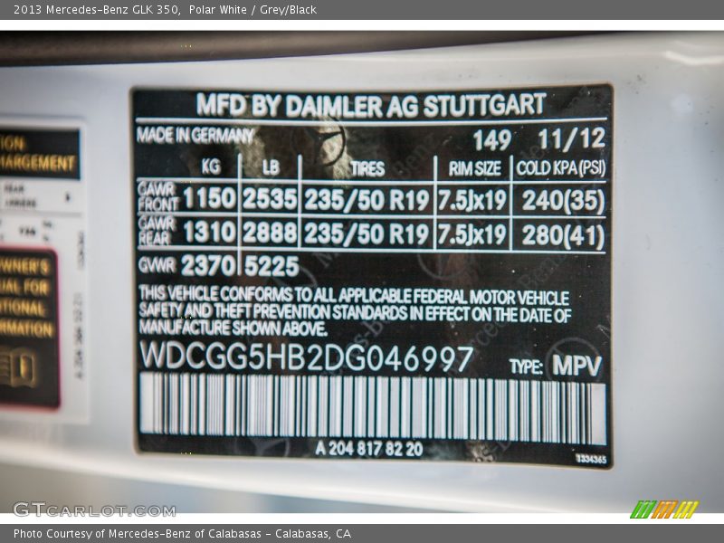 Polar White / Grey/Black 2013 Mercedes-Benz GLK 350