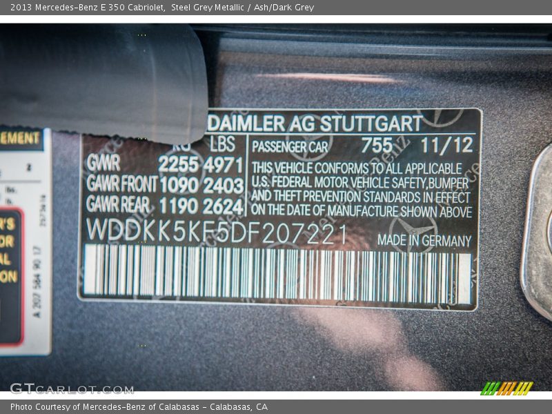 Steel Grey Metallic / Ash/Dark Grey 2013 Mercedes-Benz E 350 Cabriolet