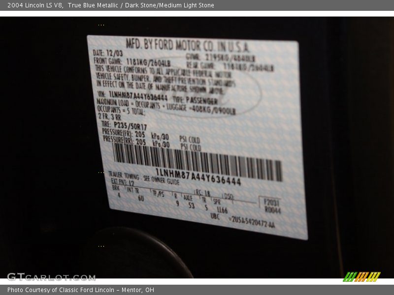 True Blue Metallic / Dark Stone/Medium Light Stone 2004 Lincoln LS V8