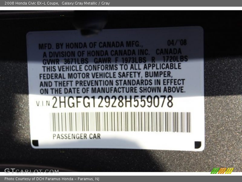 Galaxy Gray Metallic / Gray 2008 Honda Civic EX-L Coupe