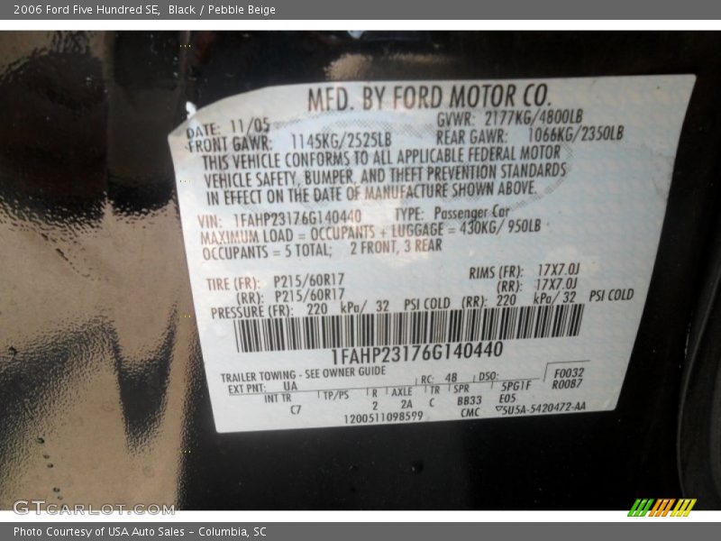 Black / Pebble Beige 2006 Ford Five Hundred SE