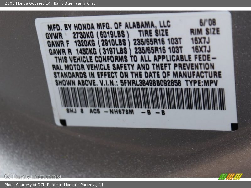 Baltic Blue Pearl / Gray 2008 Honda Odyssey EX