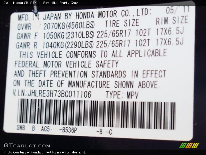 Royal Blue Pearl / Gray 2011 Honda CR-V EX-L