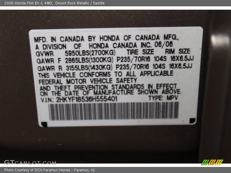 Desert Rock Metallic / Saddle 2006 Honda Pilot EX-L 4WD