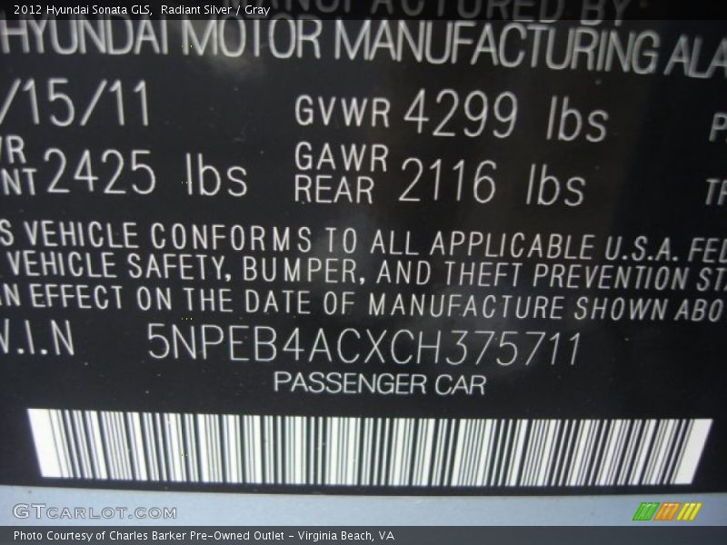 Radiant Silver / Gray 2012 Hyundai Sonata GLS