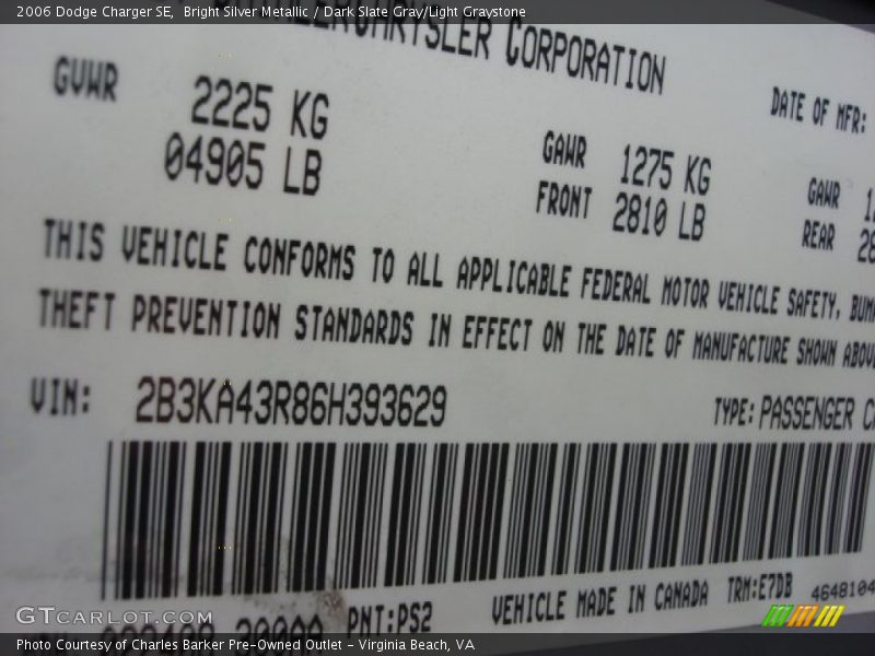 Bright Silver Metallic / Dark Slate Gray/Light Graystone 2006 Dodge Charger SE