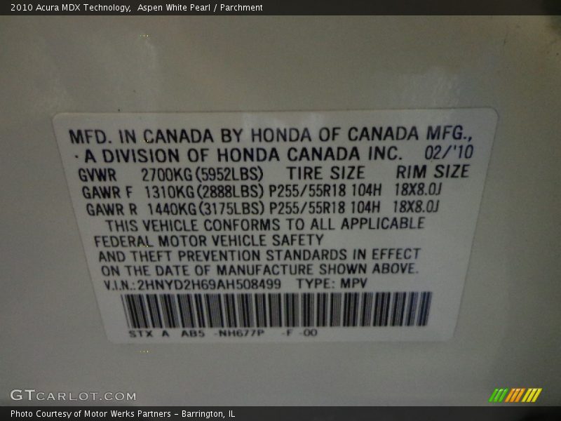 Aspen White Pearl / Parchment 2010 Acura MDX Technology