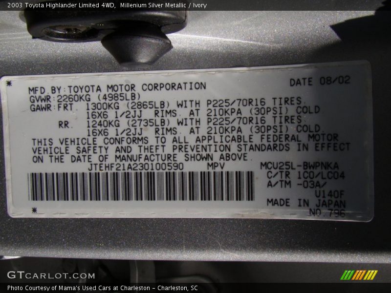 Millenium Silver Metallic / Ivory 2003 Toyota Highlander Limited 4WD