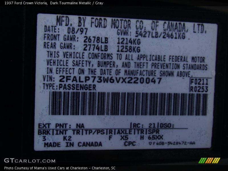 1997 Crown Victoria  Dark Tourmaline Metallic Color Code NA