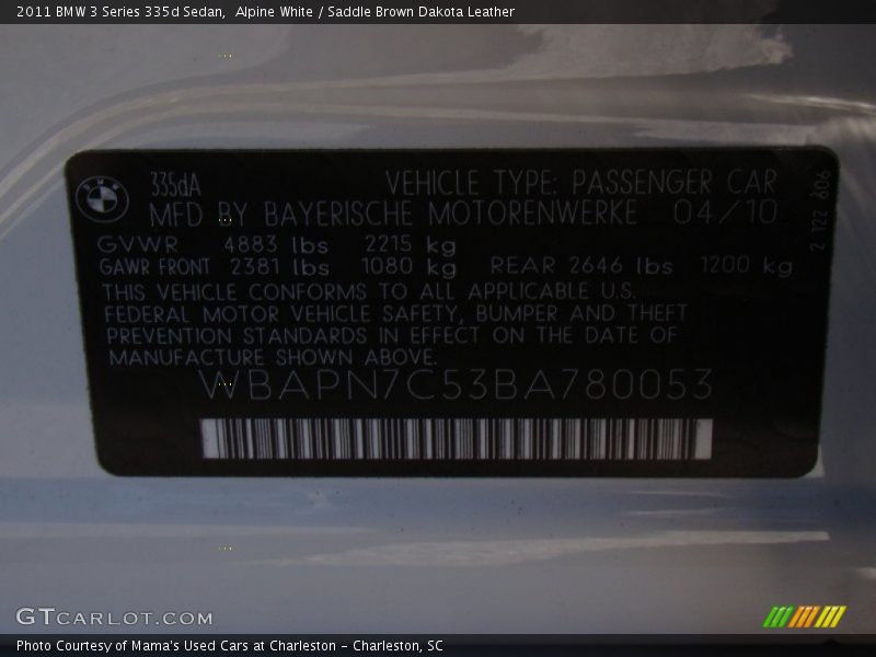 Alpine White / Saddle Brown Dakota Leather 2011 BMW 3 Series 335d Sedan