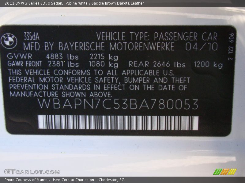 Alpine White / Saddle Brown Dakota Leather 2011 BMW 3 Series 335d Sedan