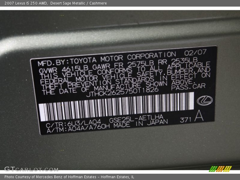 2007 IS 250 AWD Desert Sage Metallic Color Code 6U3