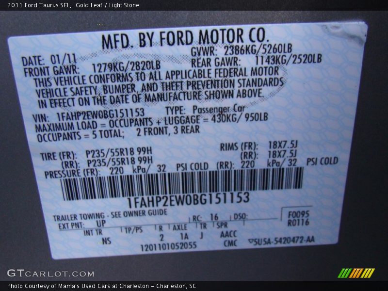 Gold Leaf / Light Stone 2011 Ford Taurus SEL