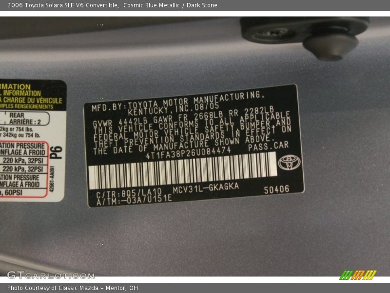 Cosmic Blue Metallic / Dark Stone 2006 Toyota Solara SLE V6 Convertible