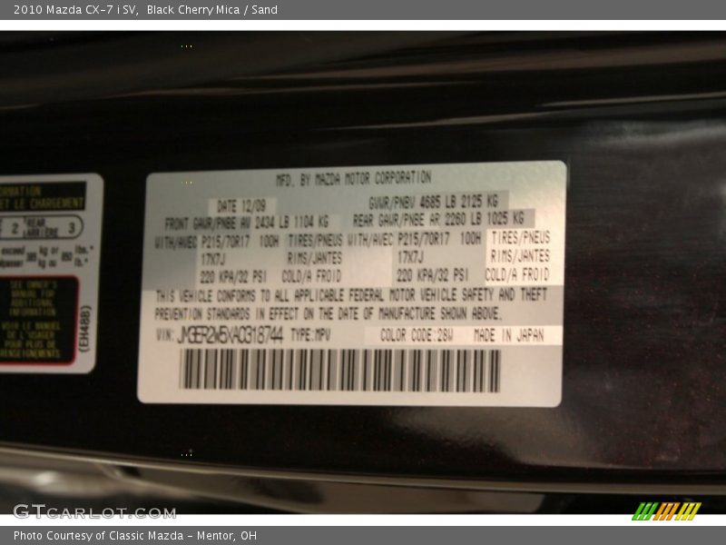 Black Cherry Mica / Sand 2010 Mazda CX-7 i SV