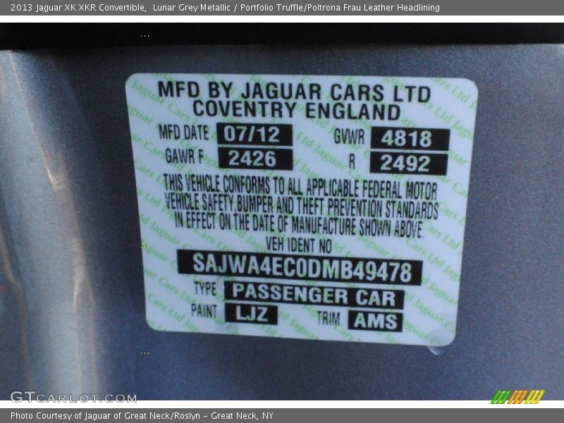 2013 XK XKR Convertible Lunar Grey Metallic Color Code LJZ