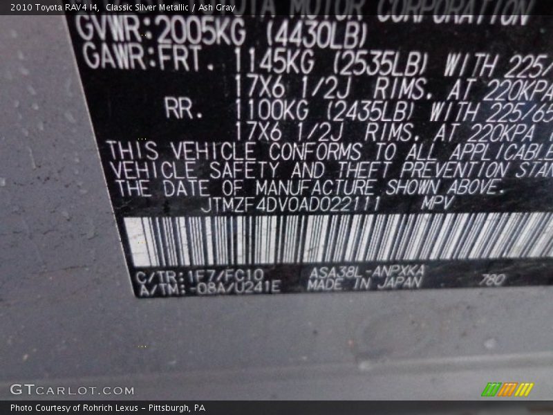 Classic Silver Metallic / Ash Gray 2010 Toyota RAV4 I4