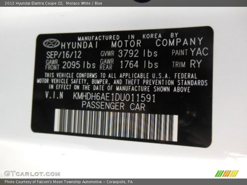 Monaco White / Blue 2013 Hyundai Elantra Coupe GS