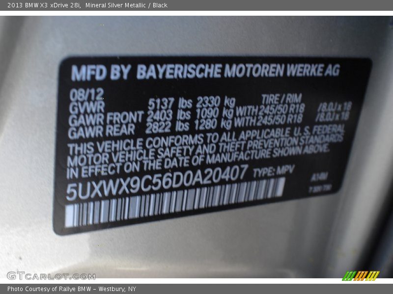 Mineral Silver Metallic / Black 2013 BMW X3 xDrive 28i