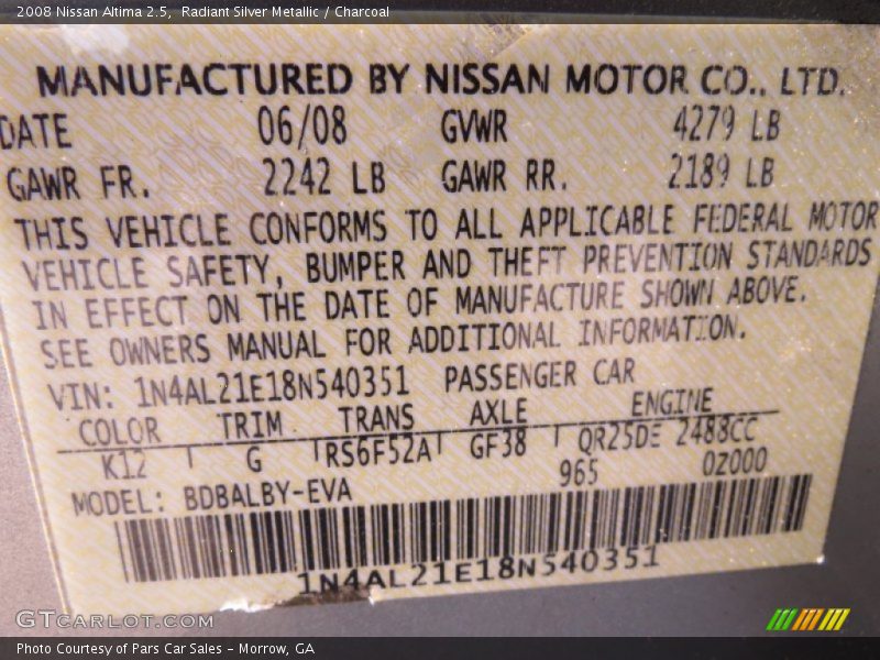 Radiant Silver Metallic / Charcoal 2008 Nissan Altima 2.5