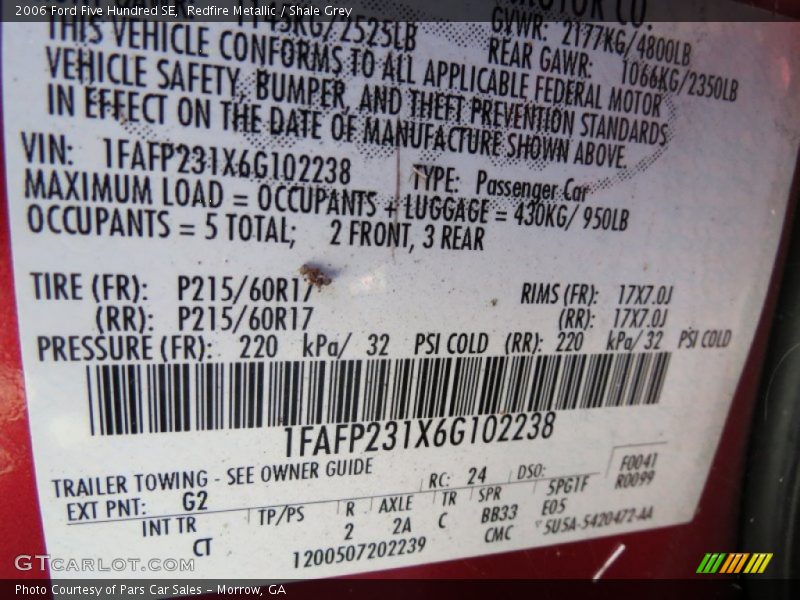 2006 Five Hundred SE Redfire Metallic Color Code G2