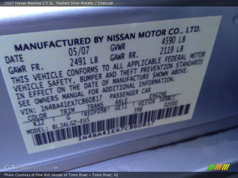 Radiant Silver Metallic / Charcoal 2007 Nissan Maxima 3.5 SL