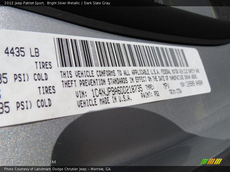 Bright Silver Metallic / Dark Slate Gray 2013 Jeep Patriot Sport