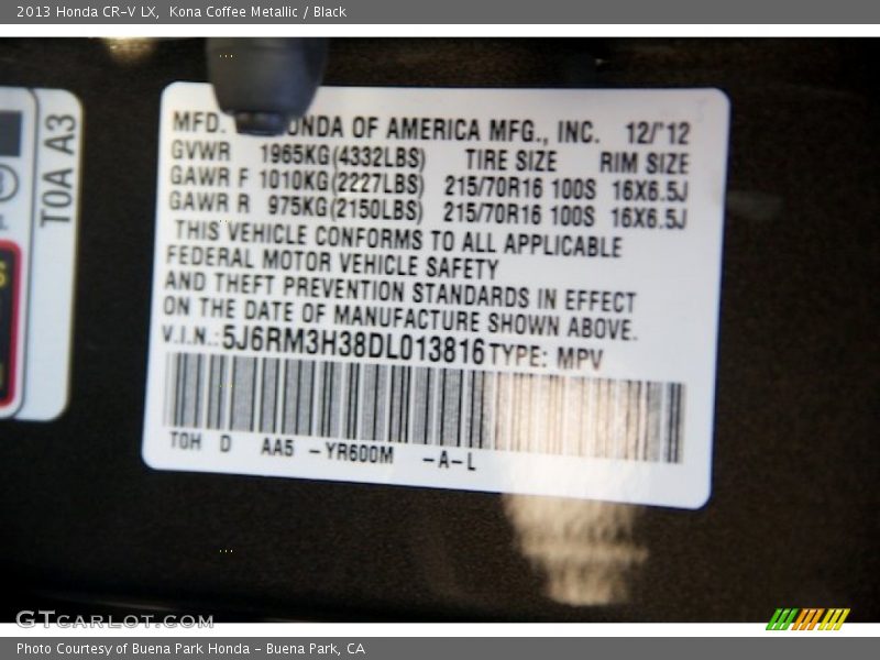 2013 CR-V LX Kona Coffee Metallic Color Code YR600M