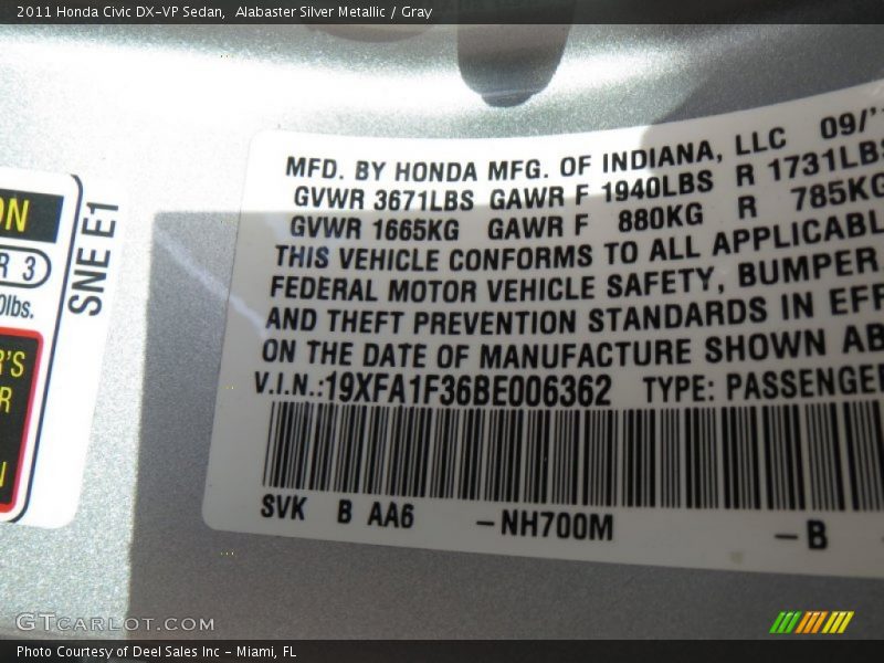 Alabaster Silver Metallic / Gray 2011 Honda Civic DX-VP Sedan